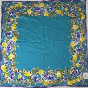 Givenchy Scarf Handkerchief Floral Border Cotton Blue Purple Gold Dot 19"